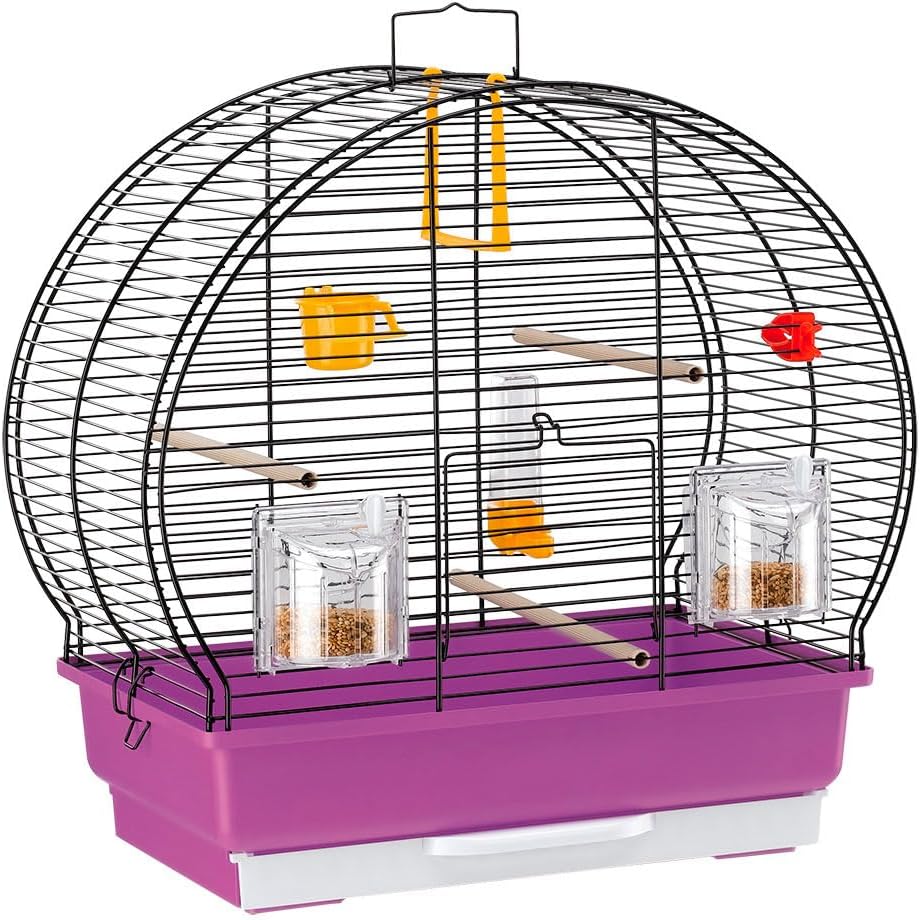 Bird cage with purple base and black wire top, featuring perches and toys.