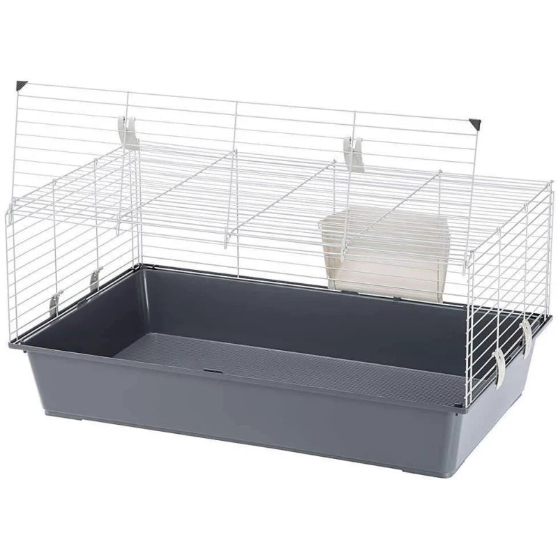 Pet cage with wire top and gray base on a white background