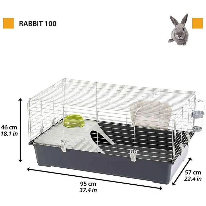 Rabbit cage with dimensions labeled on a white background