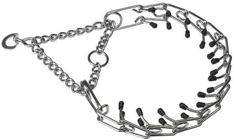 Metal chain collar with black plastic loops on a white background