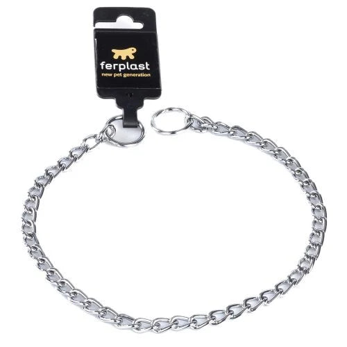 Metallic chain collar with Ferplast packaging on a white background