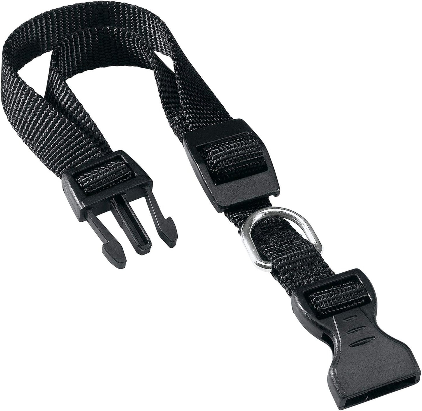 Black adjustable strap with buckles on a white background