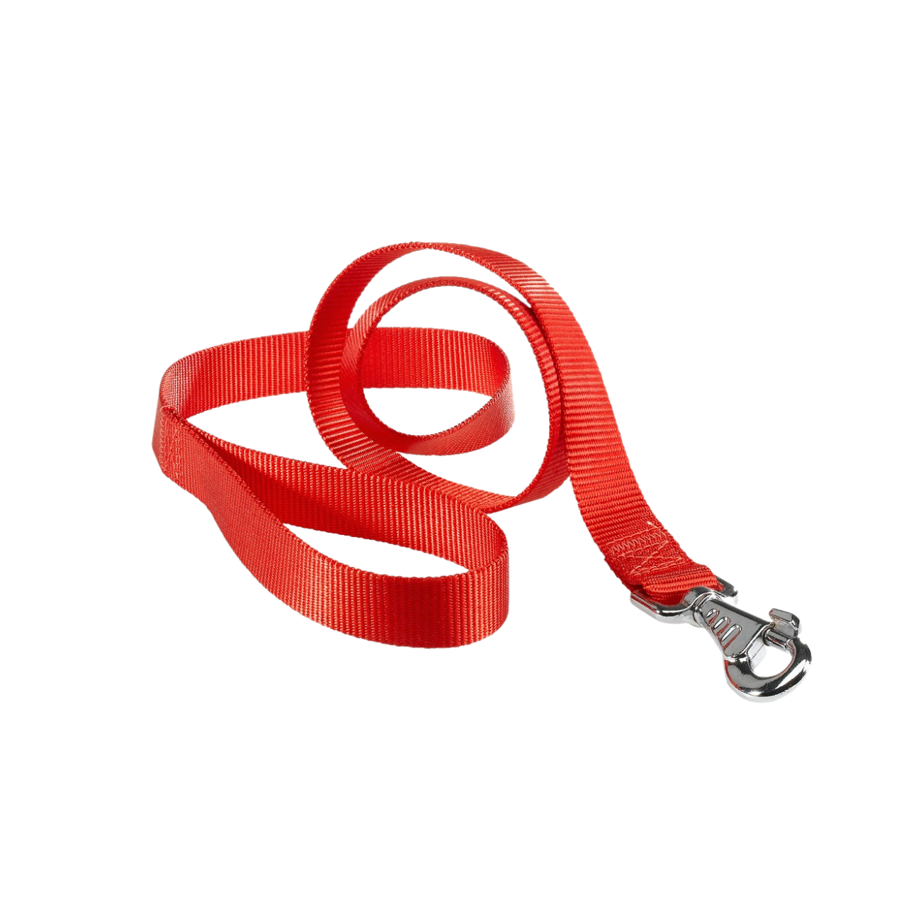 Red dog leash with a silver clasp on a white background