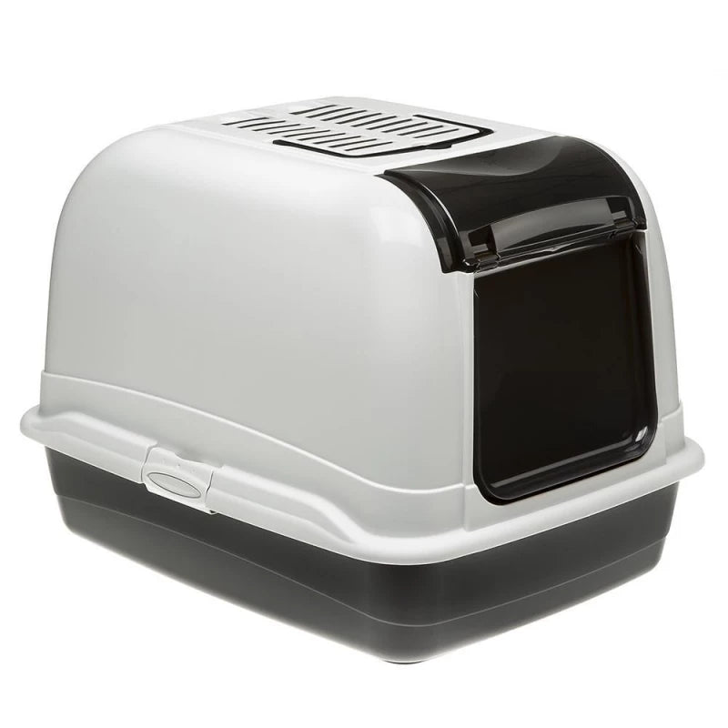 Cat litter box with a black top and gray base on