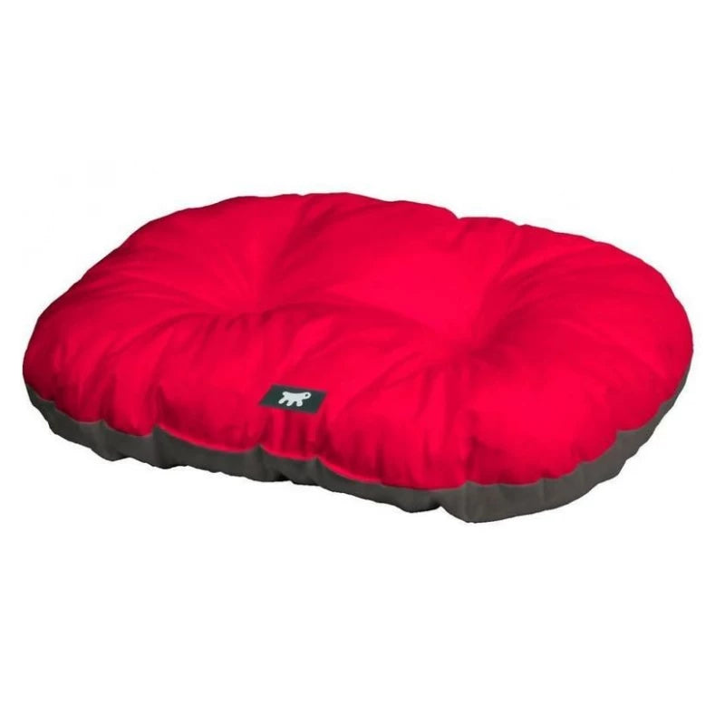 Red round pet bed with a visible brand logo on a white background