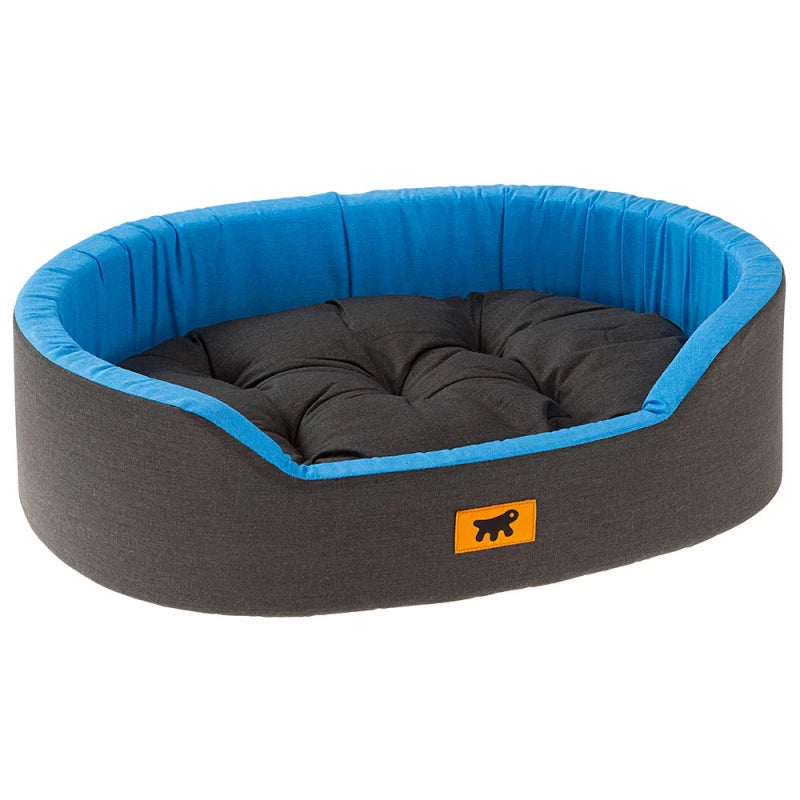 Gray pet bed with blue rim and orange logo on a white background
