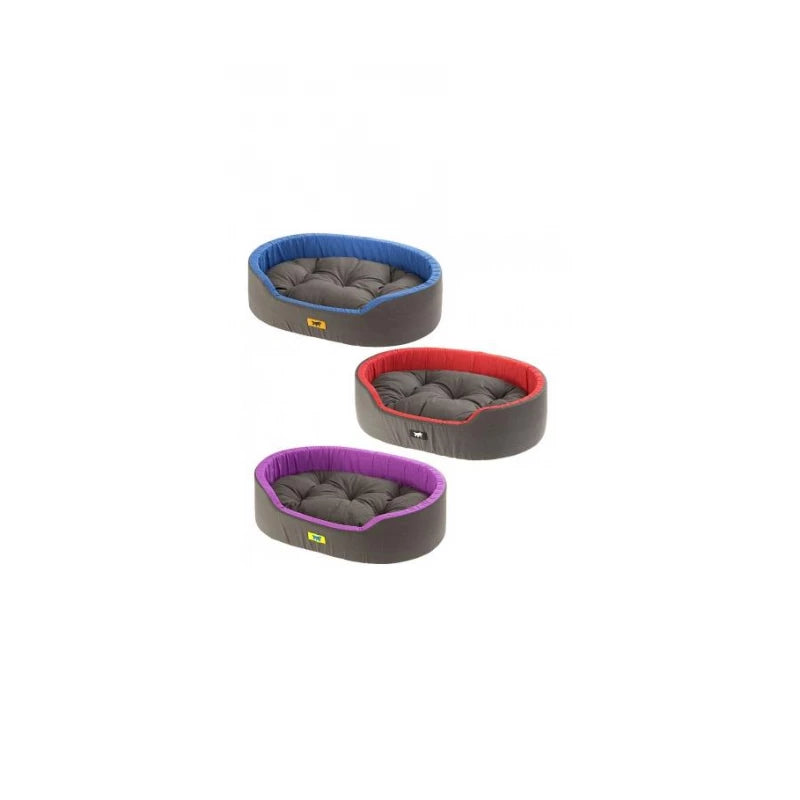 Three pet beds in gray with colorful cushions on a white background