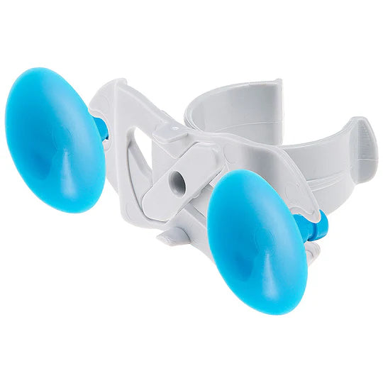 White and blue device with a circular base and two blue protrusions on a white background
