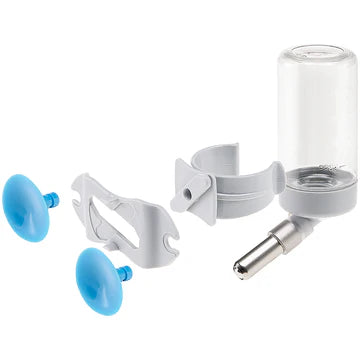 Set of dental tools including a glass container, clamps, and blue rubber dams on a white background.