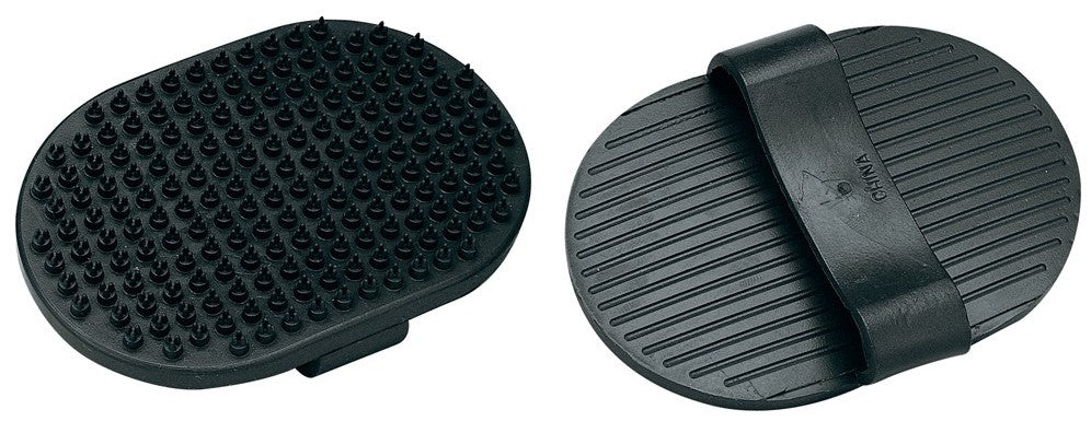 Two black rubber rubber grooming pedals with textured surfaces on a white background