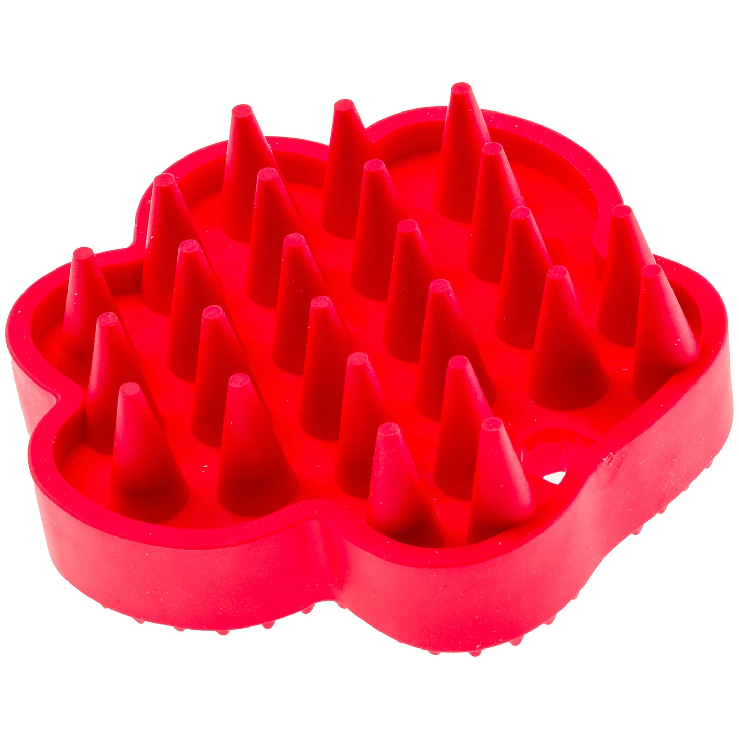 Red silicone pet grooming brush with spike-like projections on a white background