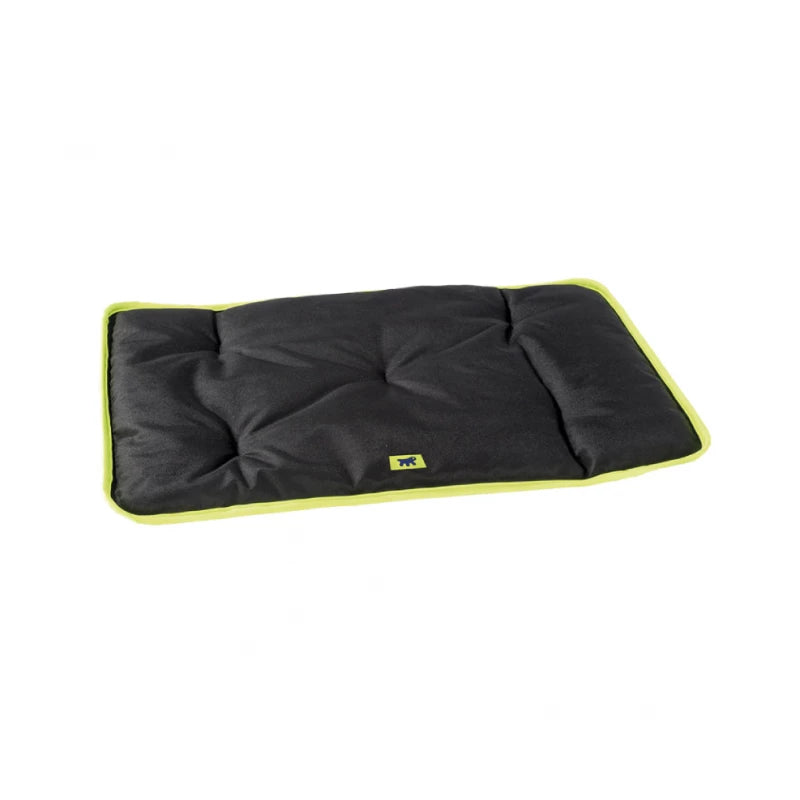 Black pet bed with green trim on a white background