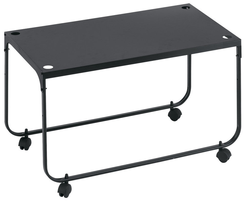 Black metal table with wheels on a white background