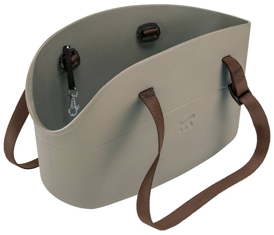 Gray pet carrier with brown straps on a white background