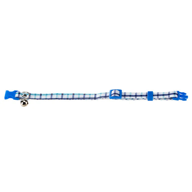 Blue and white checkered cat collar with a bell on a white background