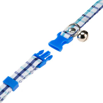 Blue and white checkered dog leash with blue plastic clips on a white background