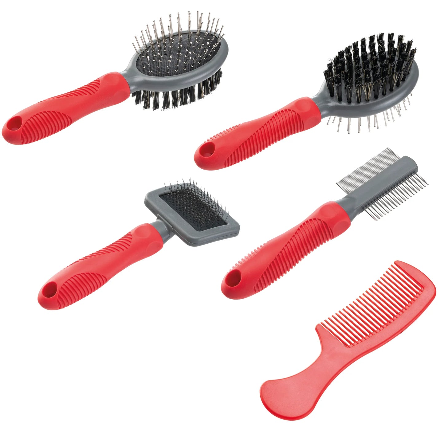 Set of pet grooming brushes and combs with red handles on a white background