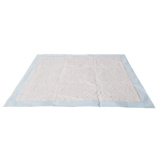 Quilted blanket with light blue border on a white background