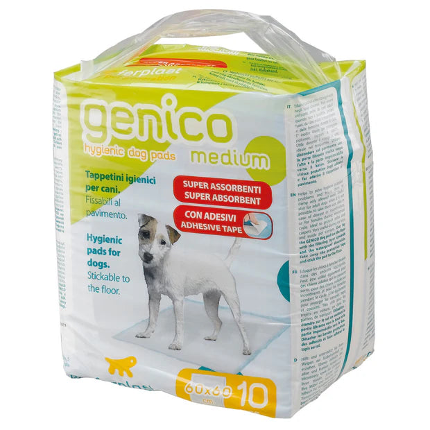 Package of genico hygienic dog pads with a dog illustration on a white background