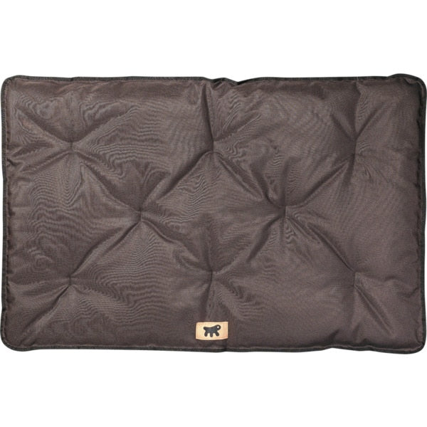 Brown quilted pet bed with a brand logo on a white background