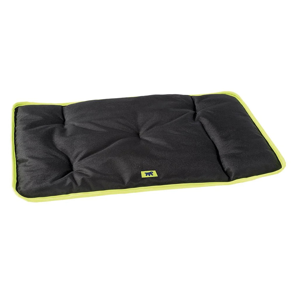 Black pet bed with green trim on a white background