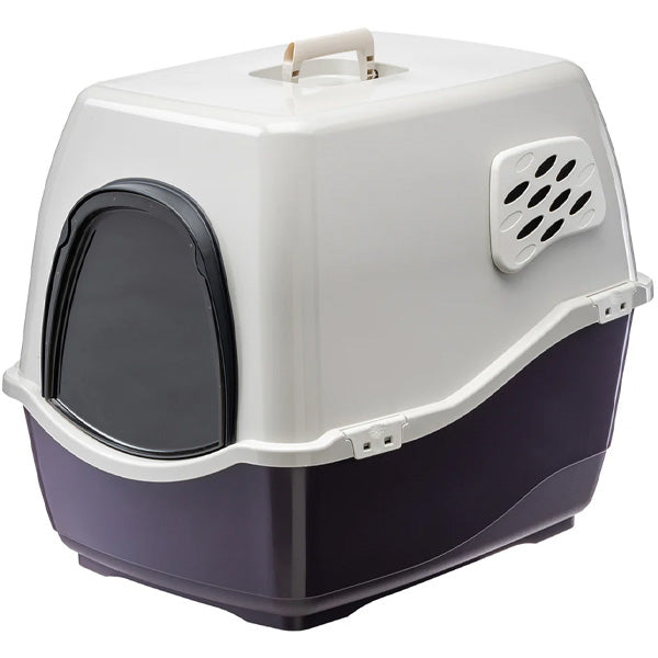 Pet carrier with a white top and dark purple bottom on a white background