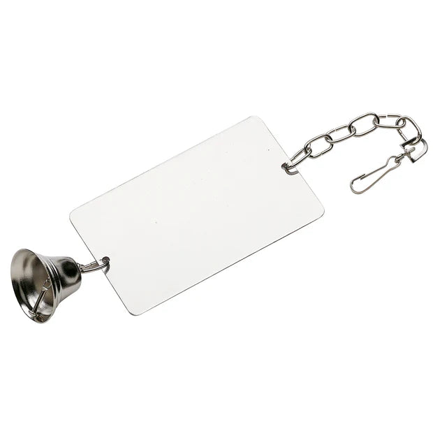 Metal bell with a chain and blank tag on a white background