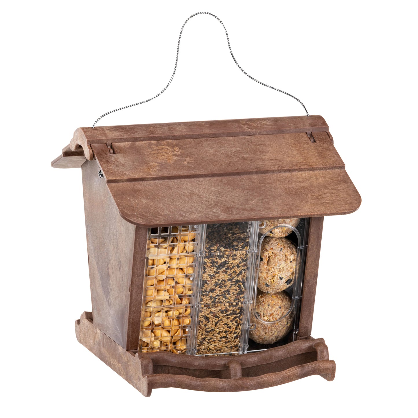 Wooden bird feeder with seeds on a white background