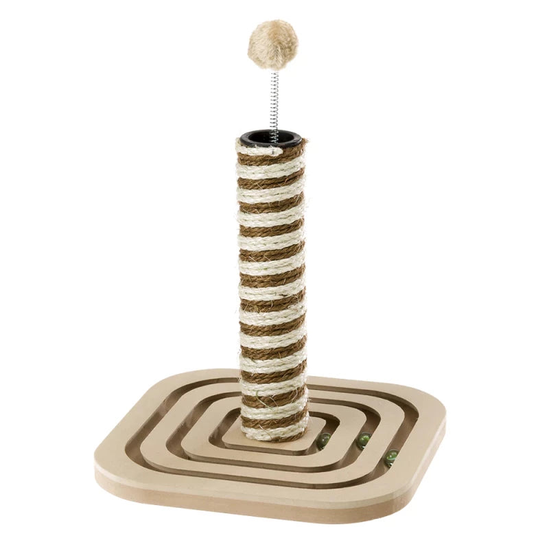Cat scratching post with striped design on a white background