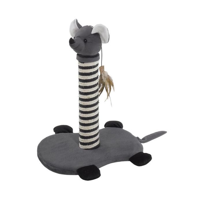 Cat toy with striped pole and gray base on a white background