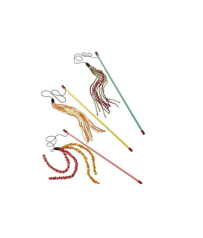 Three colorful cat toys with beads on sticks against a white background
