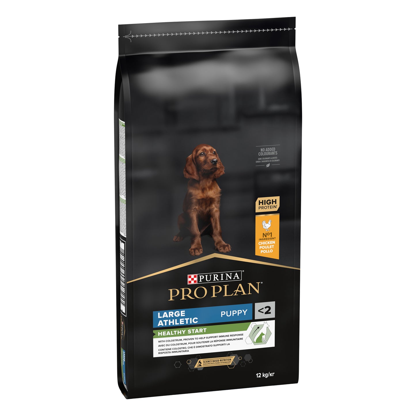 A bag of Pro Plan Healthy Start Large Athletic Puppy dry dog food with chicken. The packaging is predominantly black with an image of a brown puppy on the front.