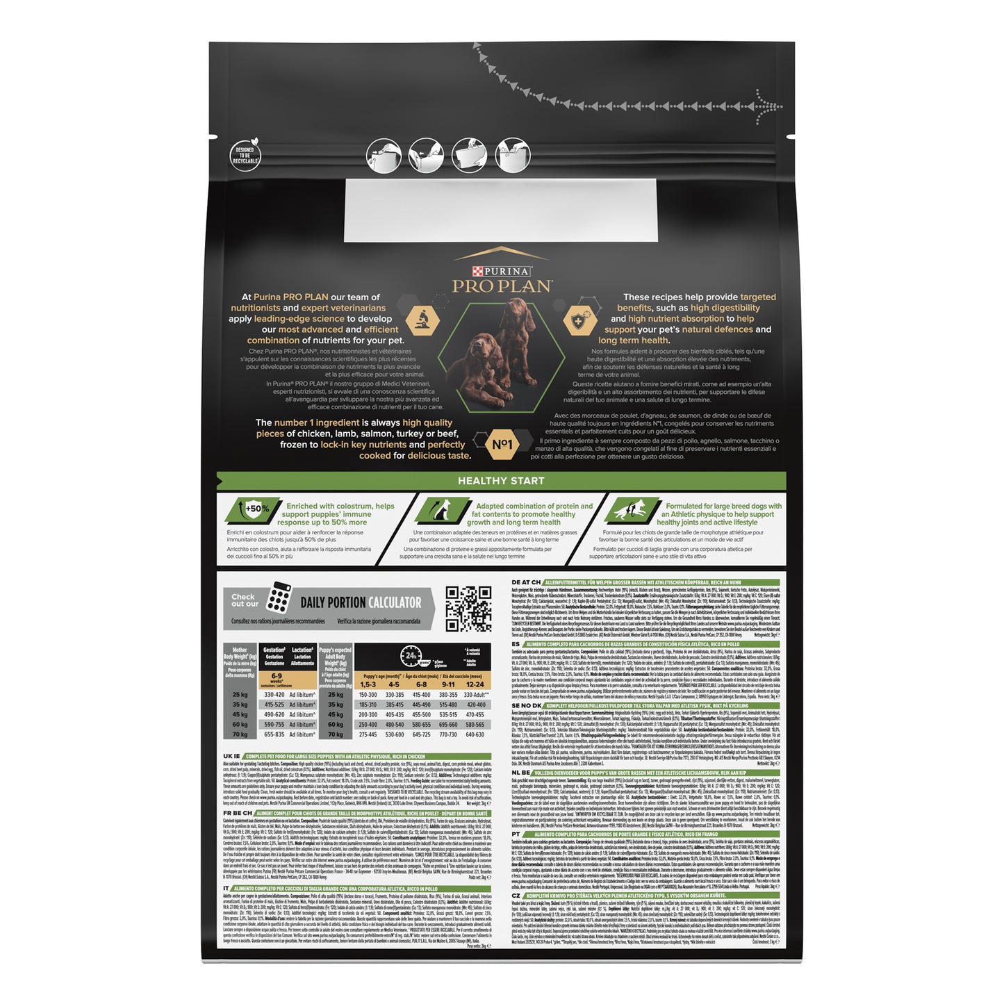 Pet food package with detailed nutritional information and branding on a white background