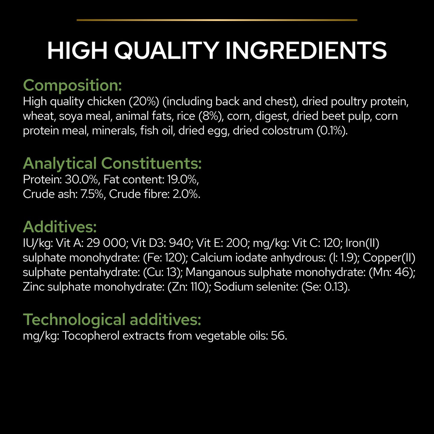Nutritional label with high-quality ingredients and additives
