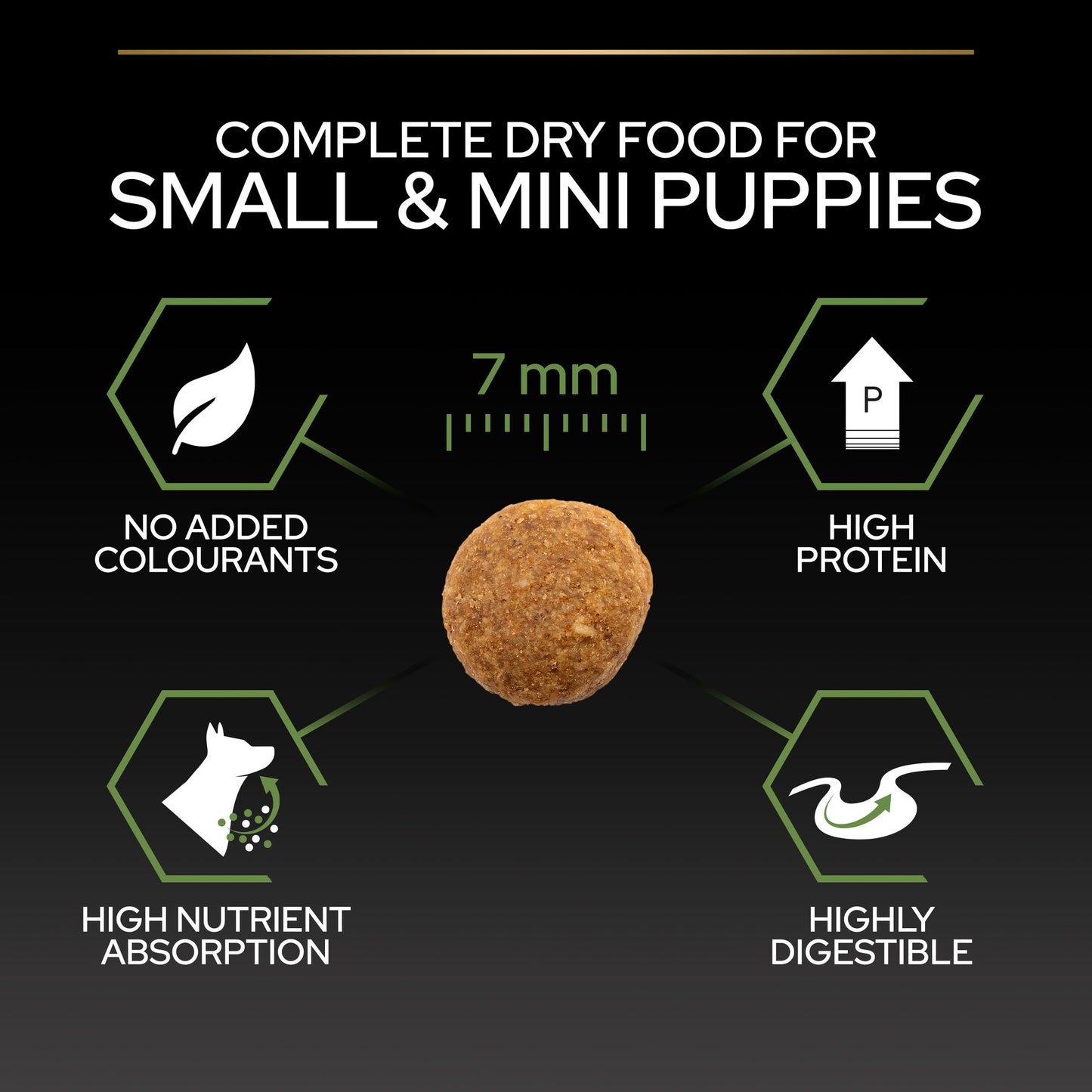 Dog food packaging with product features on a dark background