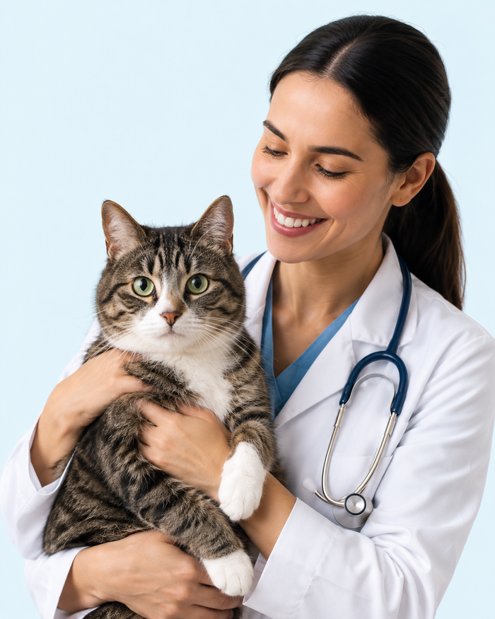 Illustrative photo of a veterinarian holding a tabby cat