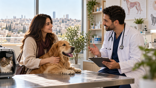 Veterinarian discussing care with a pet owner and dog during a veterinary clinic visit