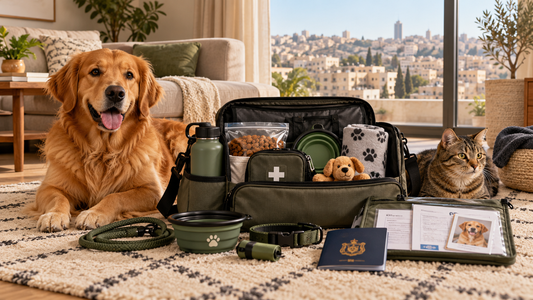 Prepared pet travel bag with food, water, lead and essentials beside a dog and cat in a living room