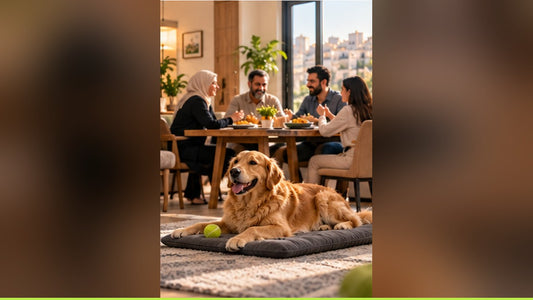 A family sharing lunch in a warm home while a golden retriever rests away from the table