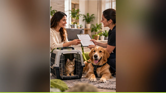 A pet owner discussing care instructions with a sitter beside a dog and cat carrier