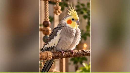 A cockatiel with gently fluffed feathers resting on a bird-safe perch