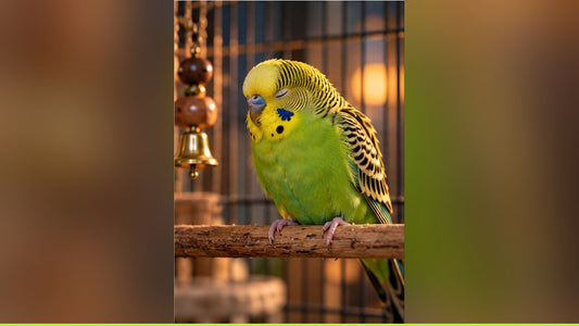 A budgerigar settling to sleep on a natural wooden perch