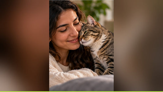 A tabby cat affectionately rubbing its cheek against its owner's face