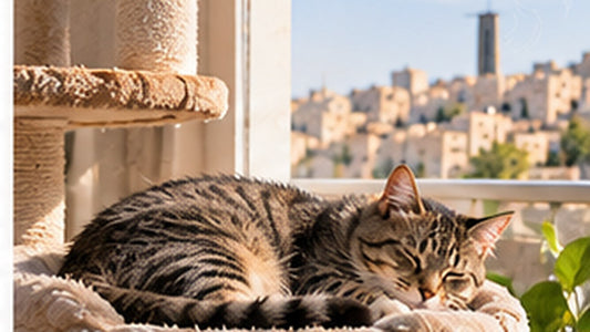 Tabby cat comfortably resting high on an indoor cat tree beside a window