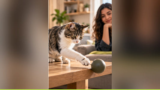 A curious tabby cat batting a toy ball on a wooden table