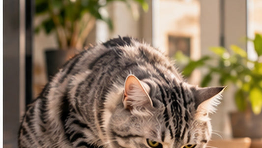 Tabby cat investigating a food bowl in a bright indoor living space