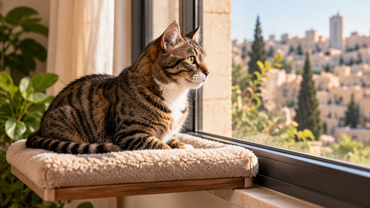 Tabby cat watching the Amman skyline from a secure indoor window perch