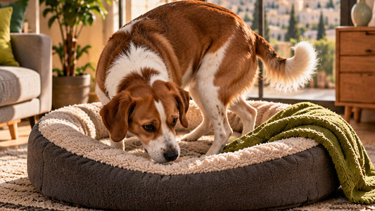 Brown and white dog circling on a comfortable indoor dog bed