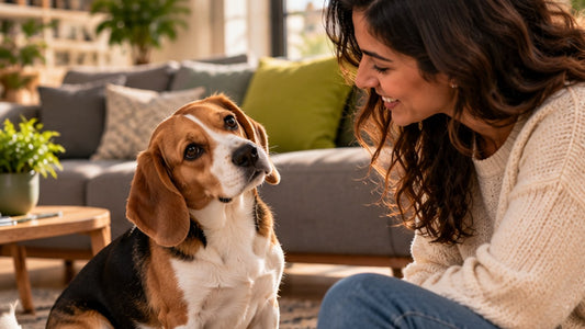 Curious beagle tilting its head while listening to its owner at home