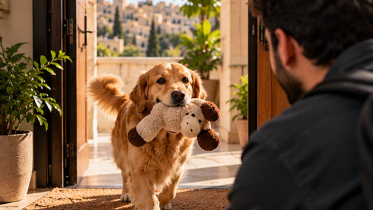 Golden retriever carrying a plush toy to welcome its owner at the door